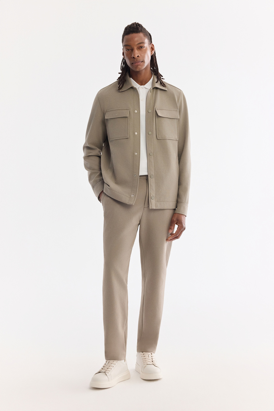 Yağ Yeşili Klasik Yaka Diyagonel Çift Cep Kapaklı Örme Gömlek Ceket