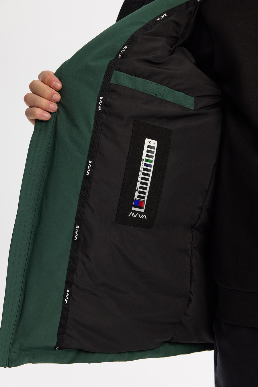 Yeşil Kapüşonlu Yaka Desen Detaylı Kaz Tüyü Mont