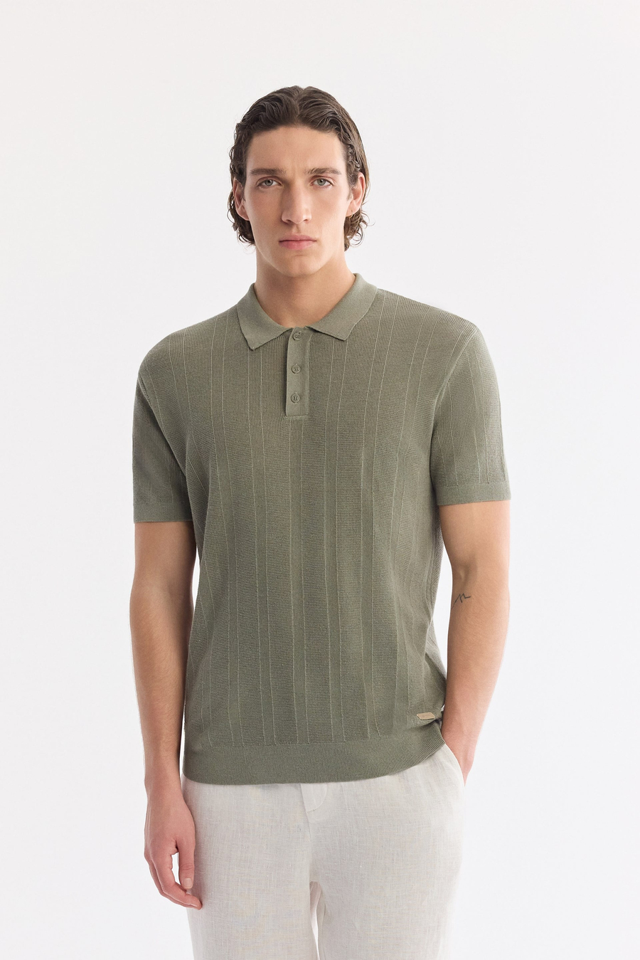 Açık Haki Polo Yaka Düğmeli Jakarlı Triko T-shirt