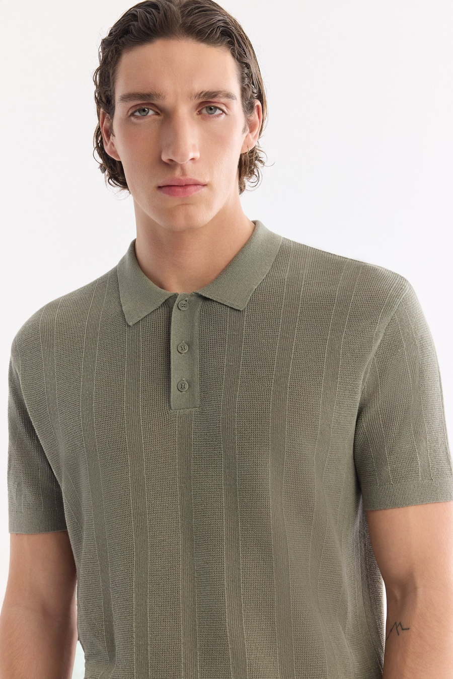 Açık Haki Polo Yaka Düğmeli Jakarlı Triko T-shirt
