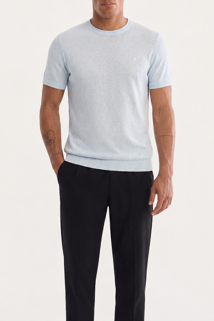 Açık Mavi Bisiklet Yaka Triko T-Shirt 