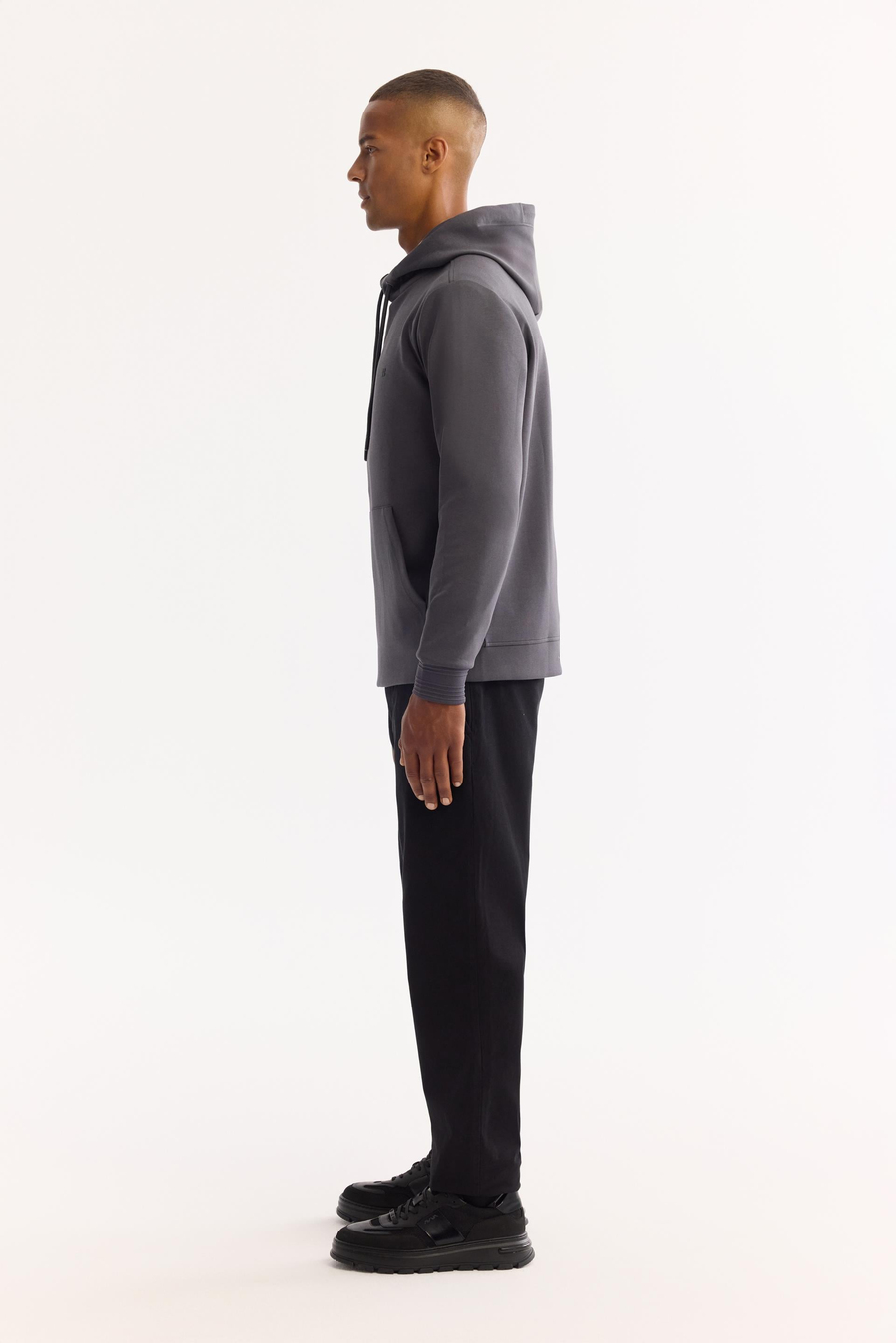 Antrasit Kapüşonlu Yaka Kanguru Cepli   İnterlok Sweatshirt