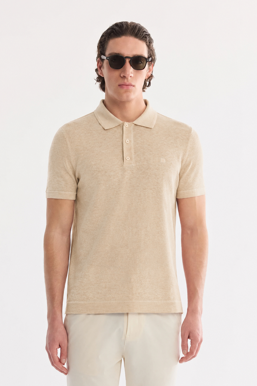 Bej 3 Düğmeli Polo Yaka Triko T-Shirt