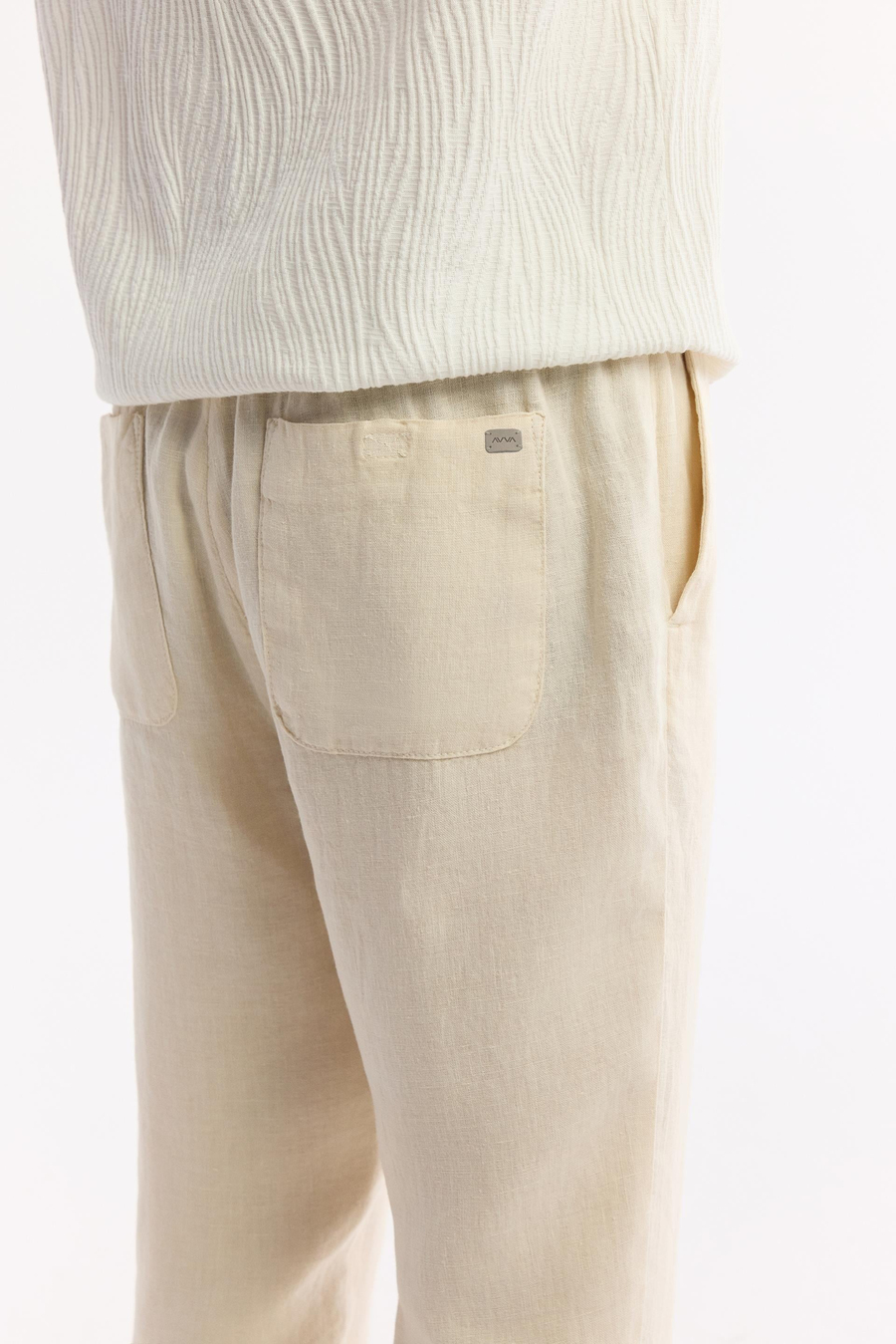 Bej Beli Lastikli %100 Keten Issos Relaxed Fit Pantolon
