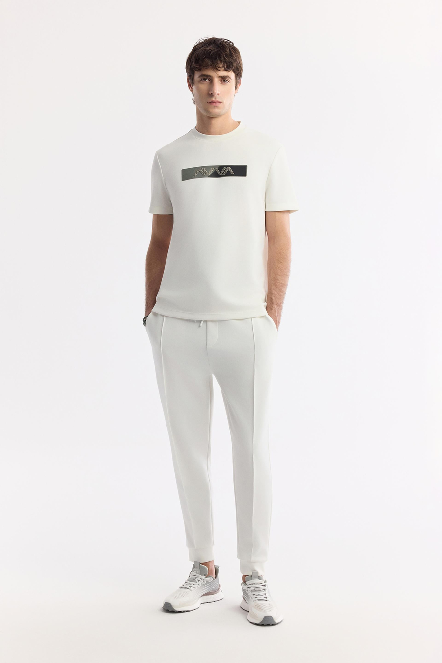 Ekru Bisiklet Yaka Baskılı İnterlok T-Shirt