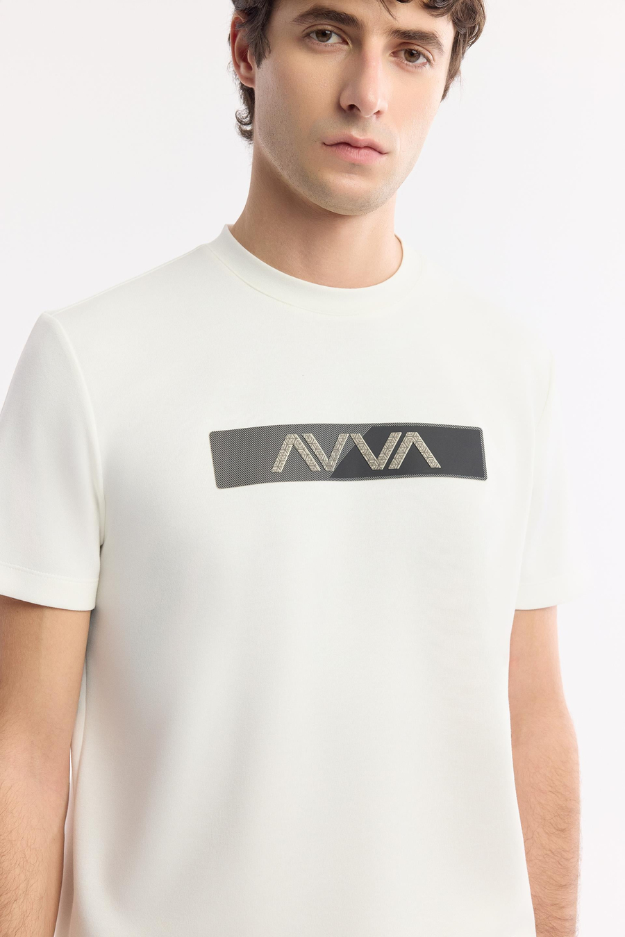 Ekru Bisiklet Yaka Baskılı İnterlok T-Shirt