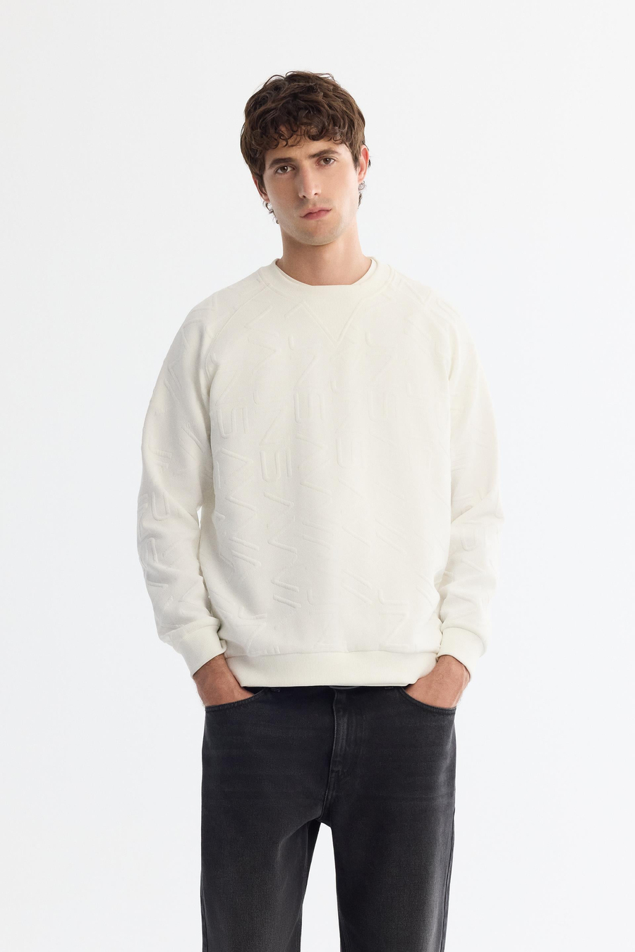 Ekru Bisiklet Yaka Baskılı Sweatshirt