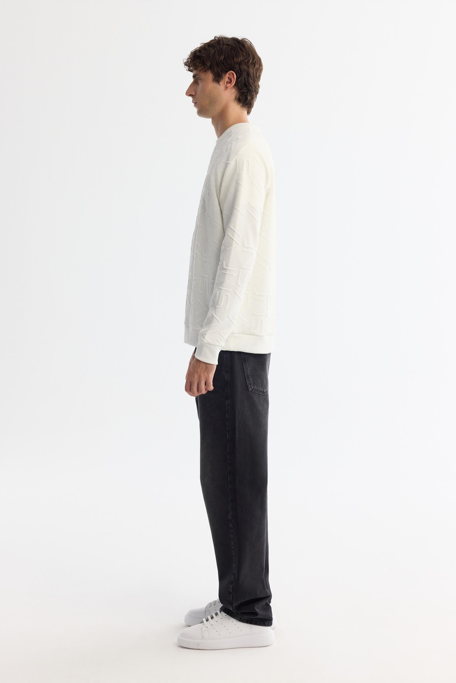 Ekru Bisiklet Yaka Jakarlı Sweatshirt