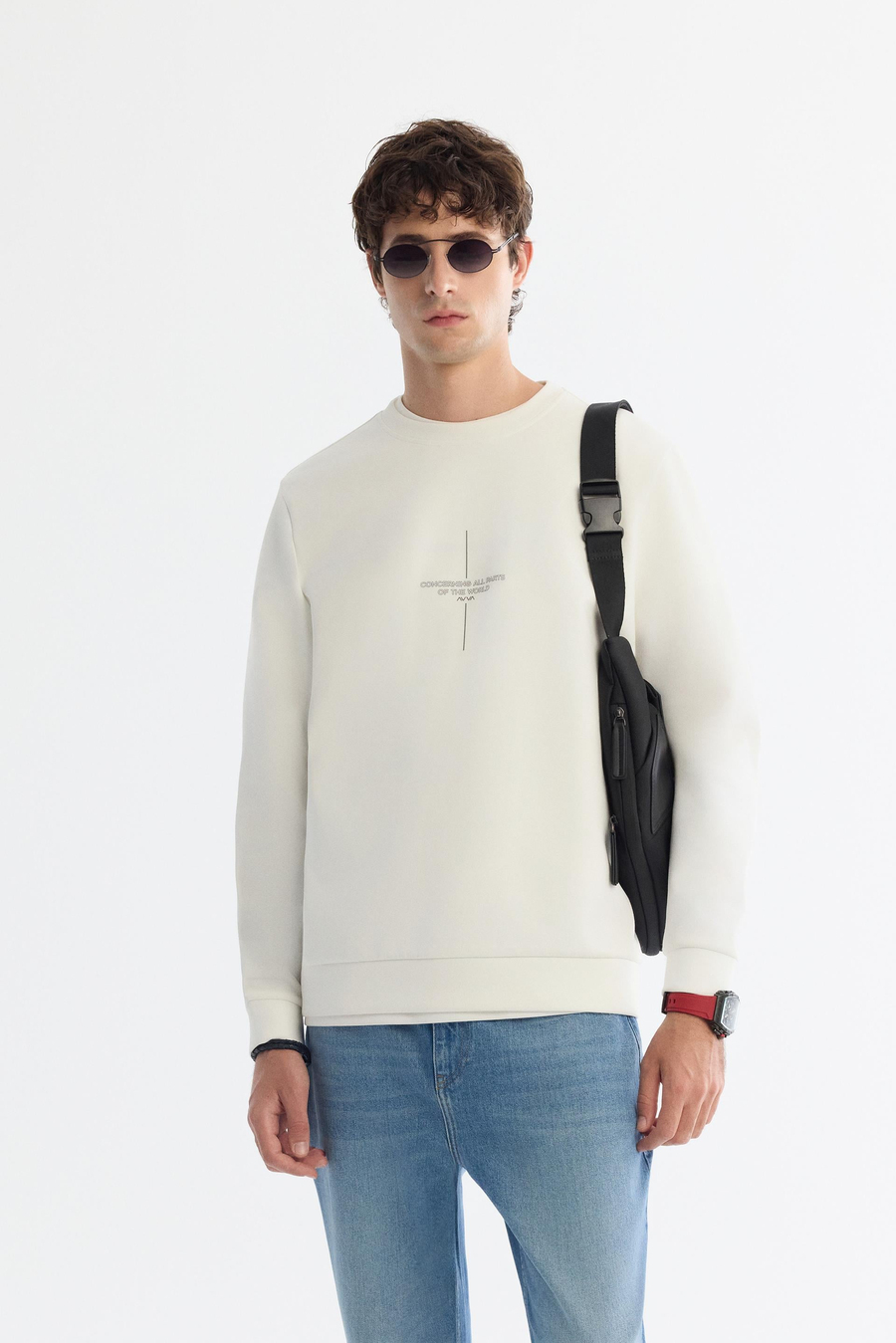 Ekru Bisiklet Yaka Pamuklu Baskılı Sweatshirt