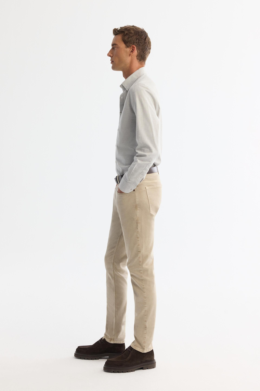 Gri Alttan Britli Yaka Mini Kazayagı Flanel Slim Fit Uzun Kol Gömlek