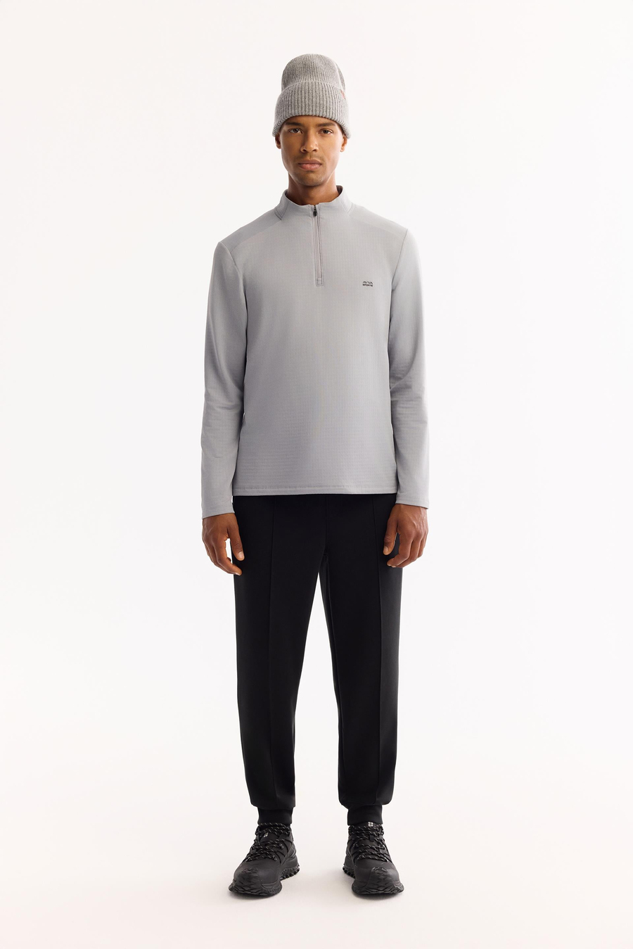 Gri Dik Yaka  Fermuarlı  Teknik Kumaş  Sweatshirt