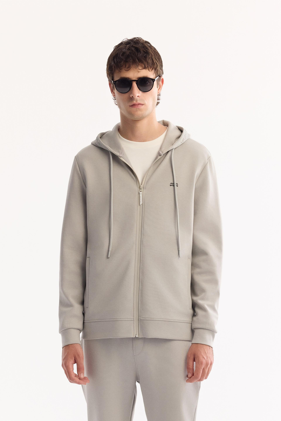 Gri Kapişüyonlu Yaka Jel Baskı  Göğüs  Enjeksiyon Baskılı Fermuarlı İnterlok Sweatshirt Hırka