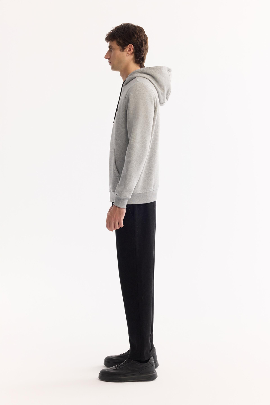 Gri Kapüşonlu 3 İplik Şardonlu Fermuarlı Sweatshirt