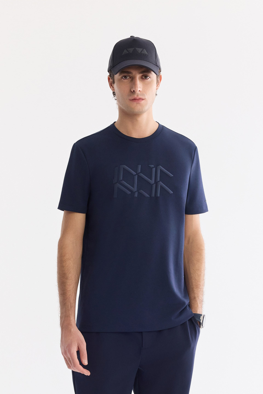 Lacivert Bisiklet Yaka Kabarık  Baskılı İnterlok T-Shirt