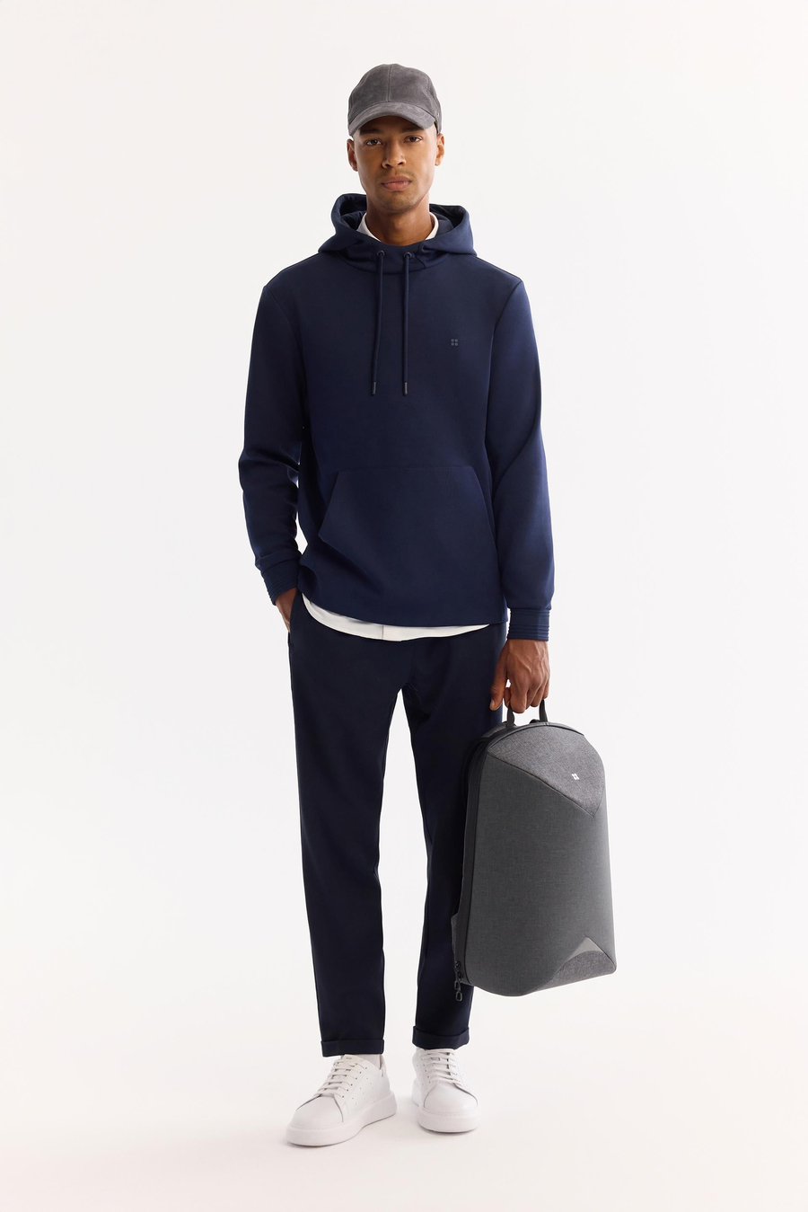 Lacivert Kapüşonlu Yaka Kanguru Cepli   İnterlok Sweatshirt