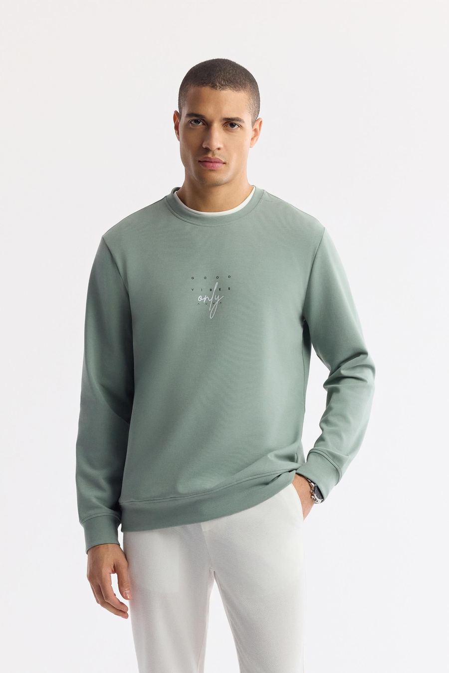 Mint Yeşil Bisiklet Yaka Baskılı İnterlok Sweatshirt