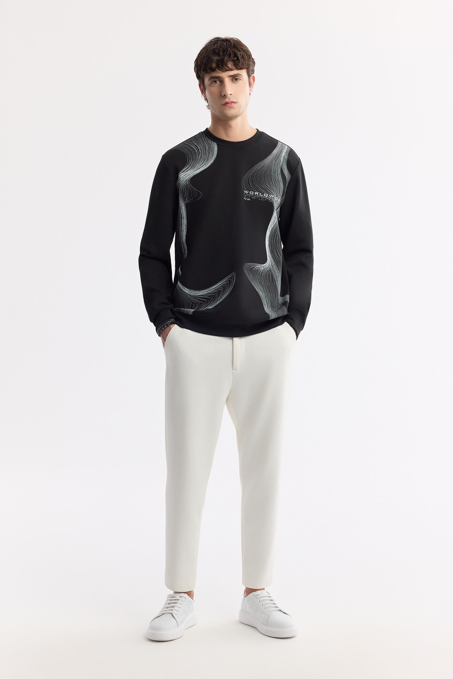 Siyah Bisiklet Yaka Baskılı İnterlok Sweatshirt