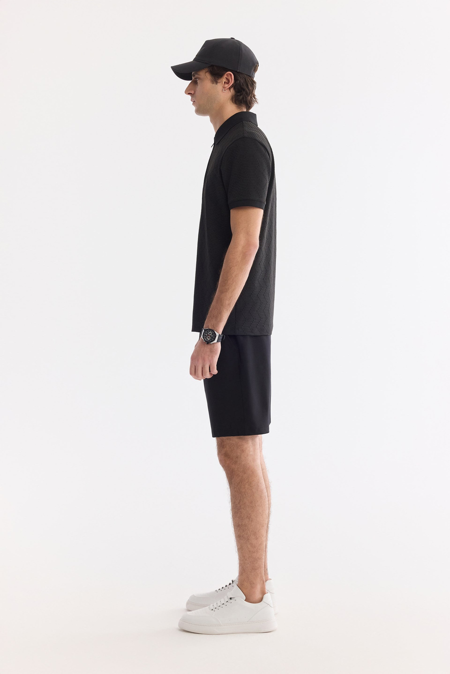 Siyah Fermuarlı Polo Yaka Jakarlı T-Shirt