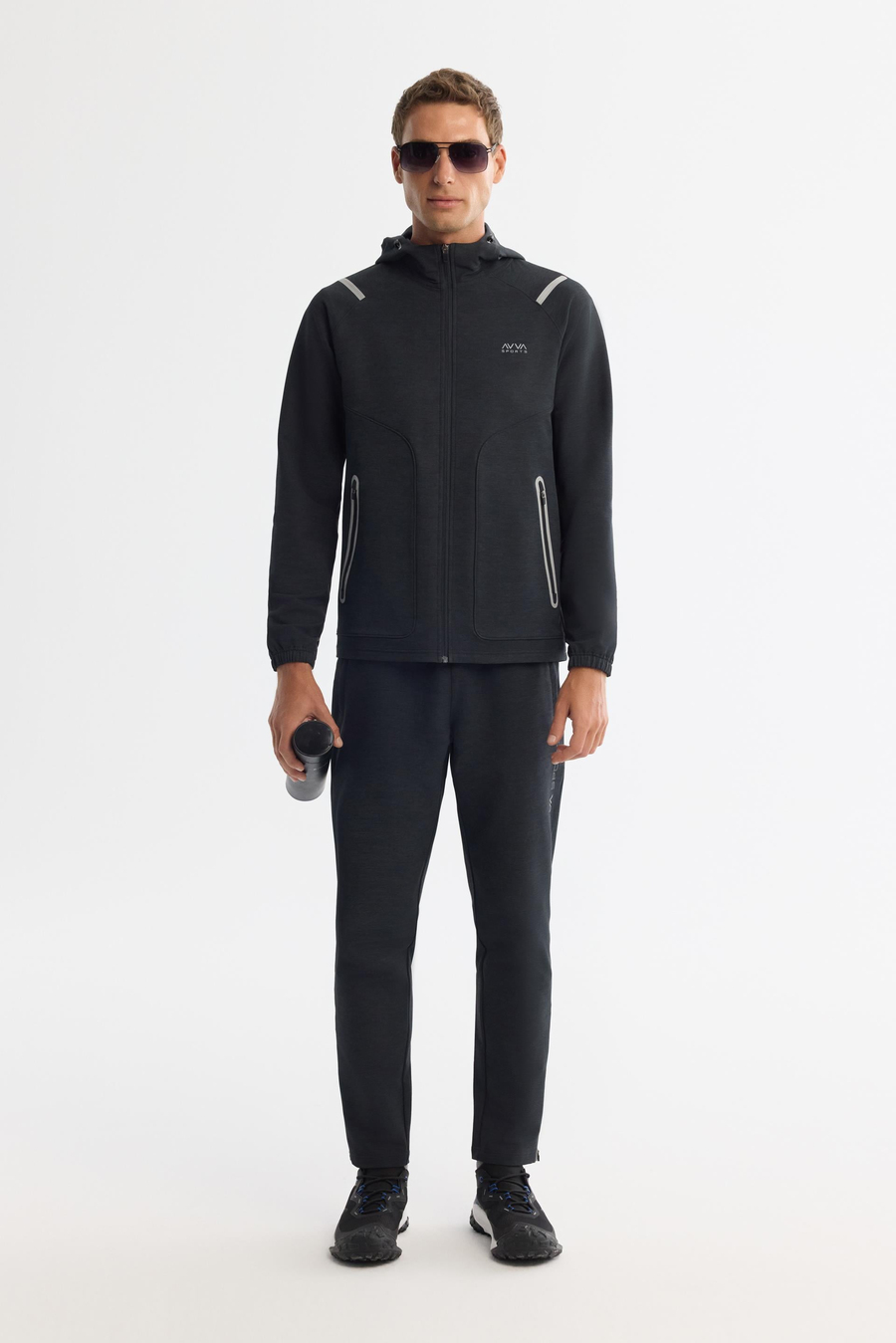 Siyah Kapüşonlu Fermuarlı Elastan Sweatshirt