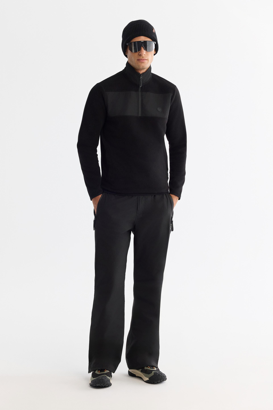 Siyah Paraşüt Garnili Yarım Fermuar Polar Sweatshirt