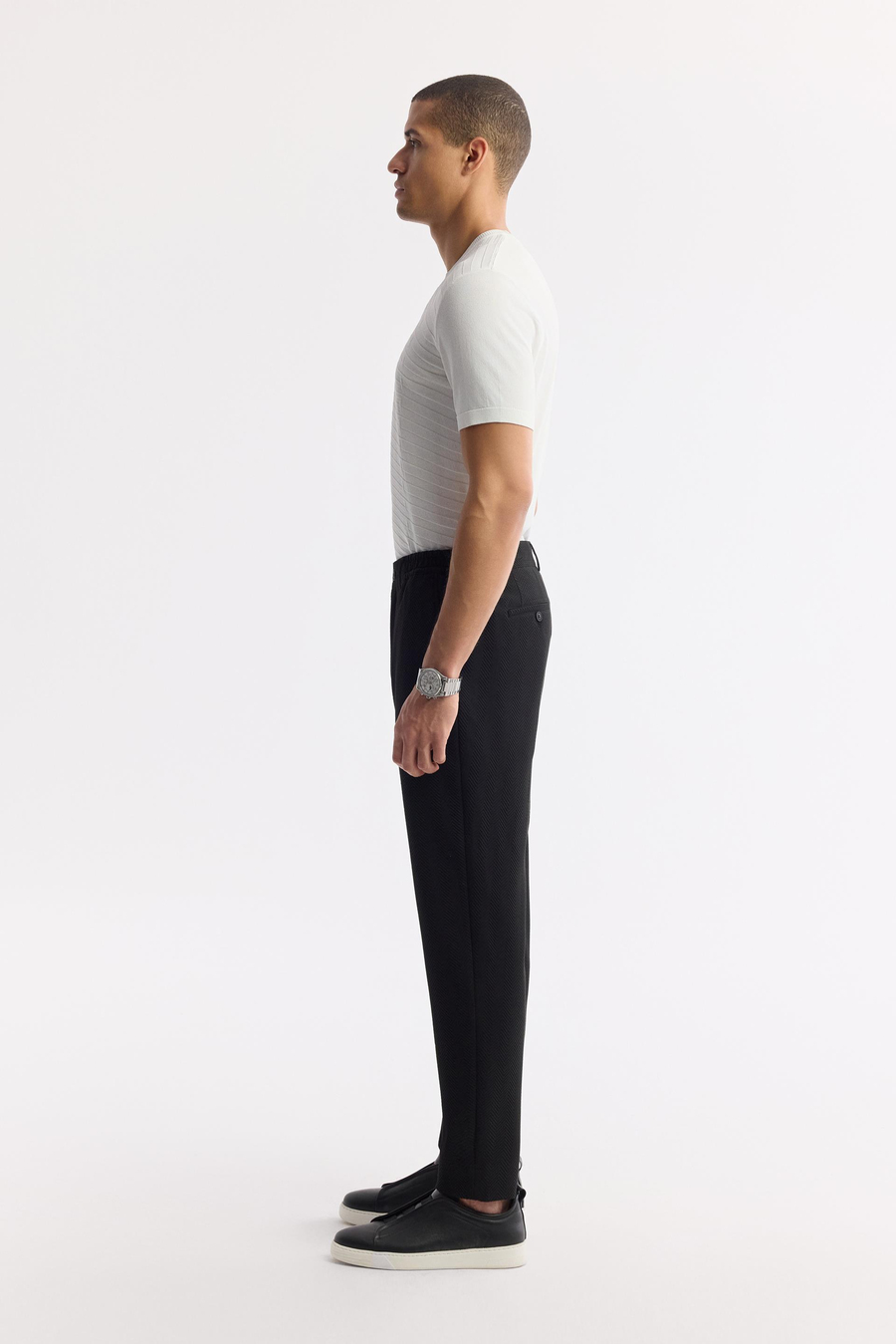 Siyah Yan Cepli Gofre Detaylı Bi Stretch Beli Lastikli Pantolon