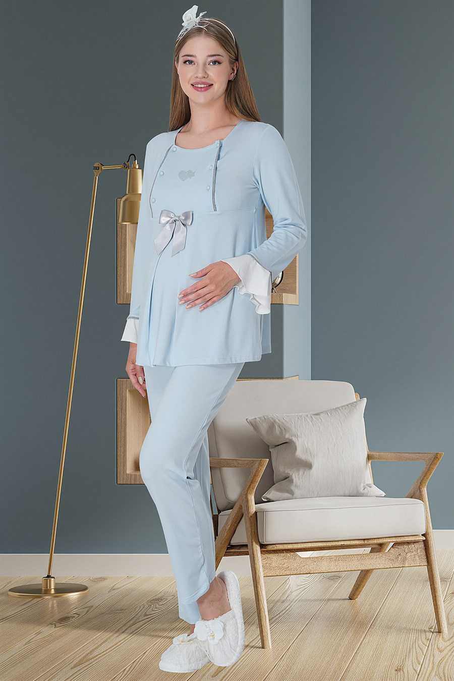 Şık Mecit 5529 Mavi Emzirme Özellikli Lohusa Pijama Takımı