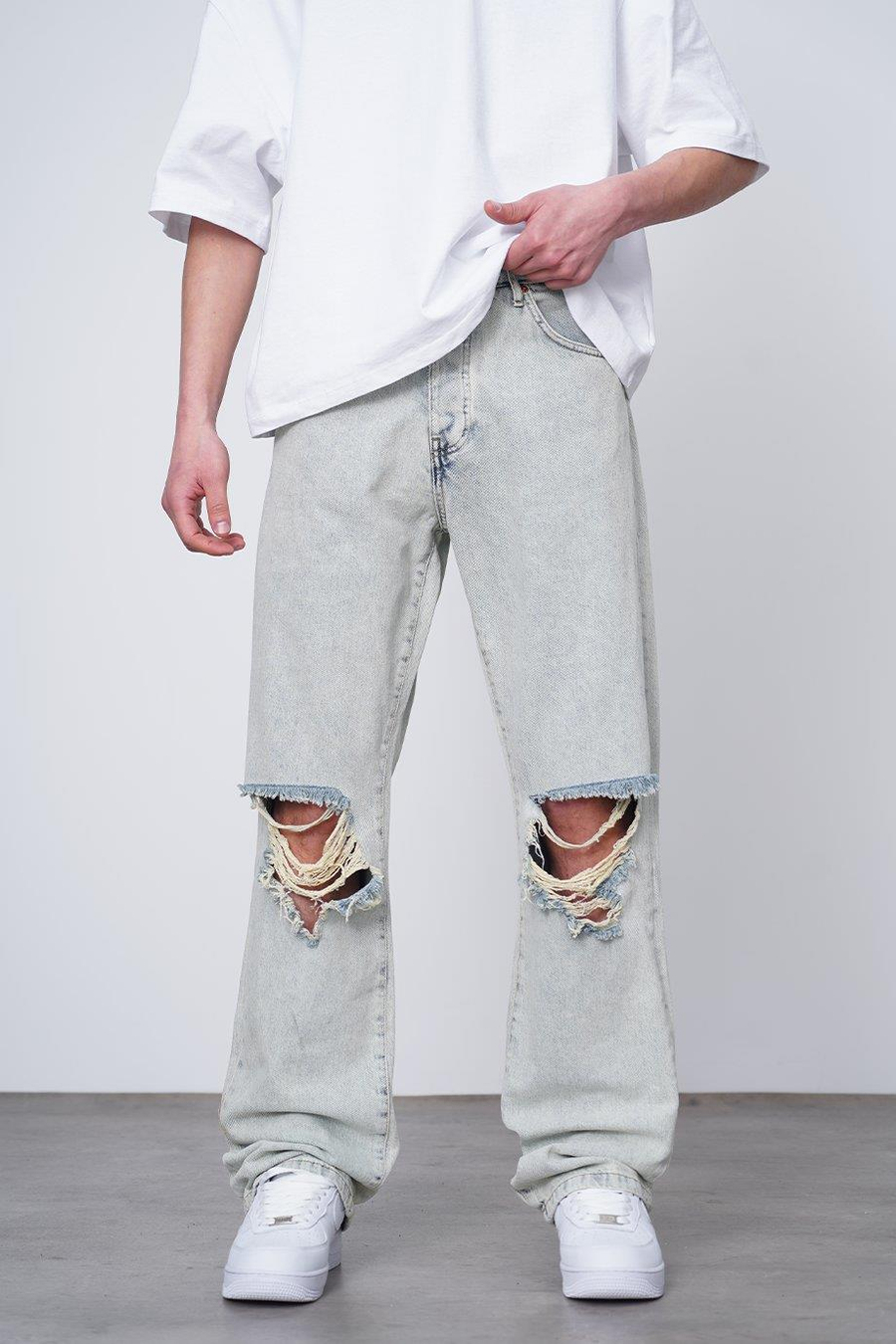 Buz Mavi Eskitme Buz Mavi Yırtık Detay GD 38 Baggy Pantolon