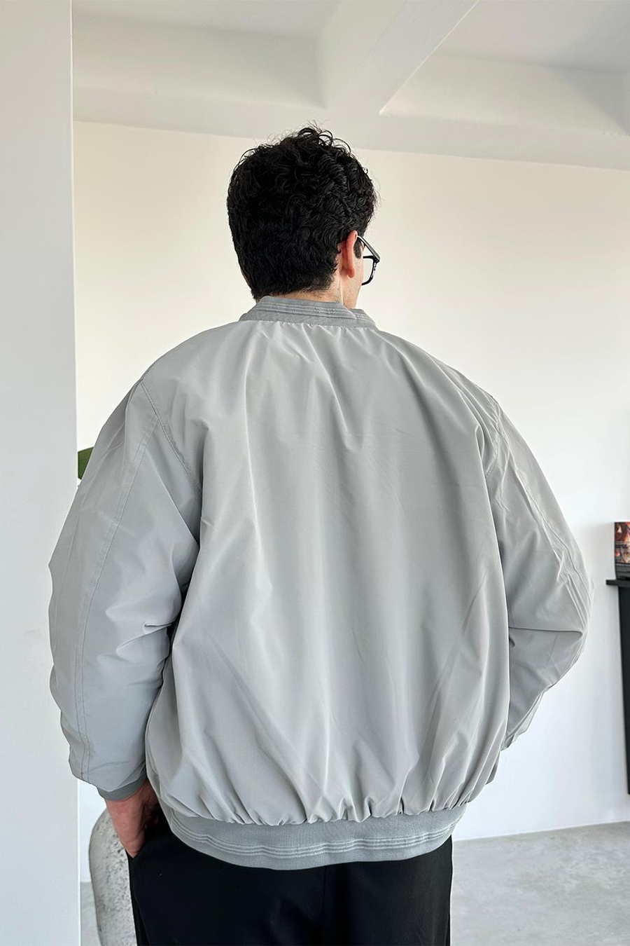 Gri Tam Fermuarlı Bomber Ceket
