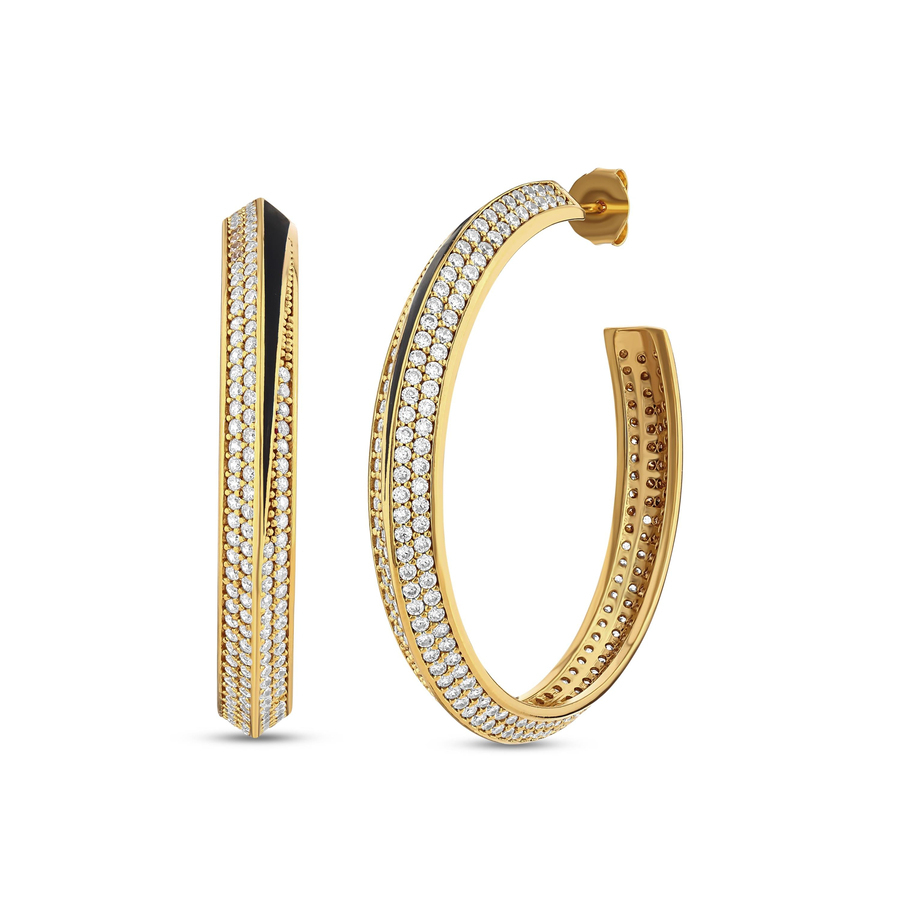 LUNAR SERENADE LARGE WHITE CRYSTAL BLACK ENAMEL GOLD HOOPS