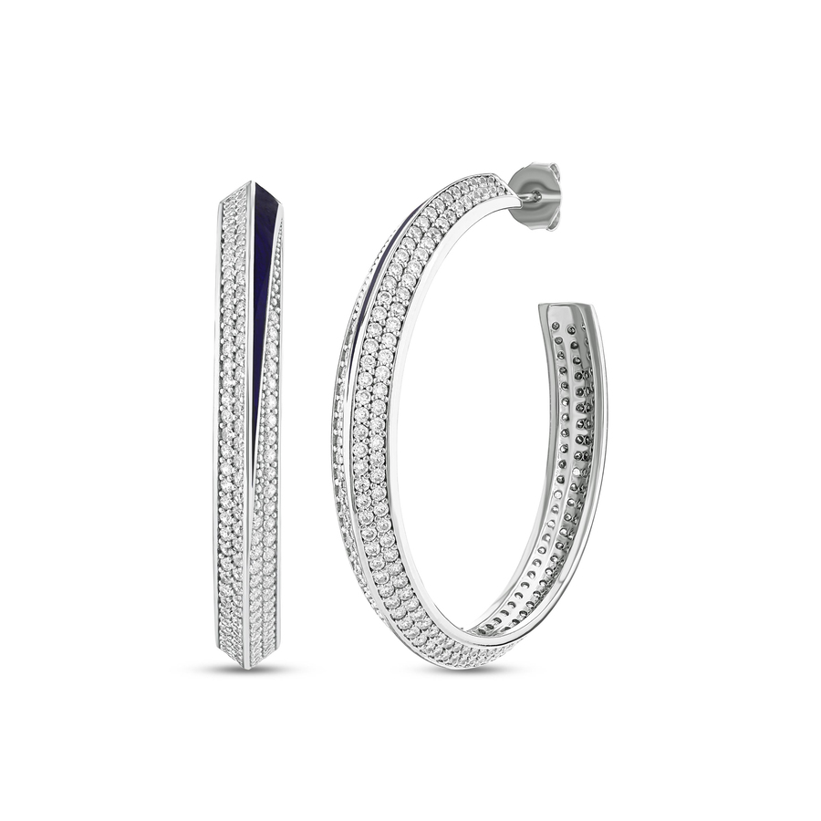 LUNAR SERENADE LARGE WHITE CRYSTAL BLUE ENAMEL RHODIUM HOOPS