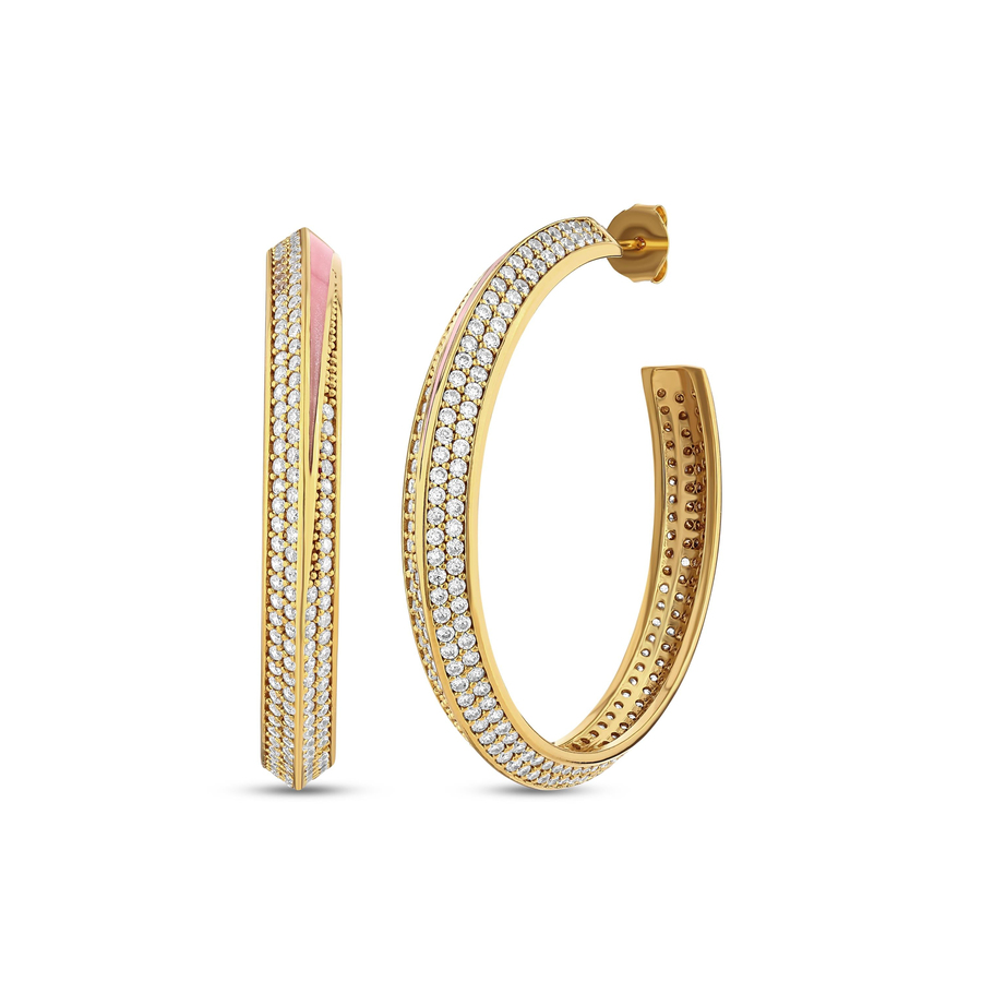 LUNAR SERENADE SMALL WHITE CRYSTAL PINK ENAMEL GOLD HOOPS