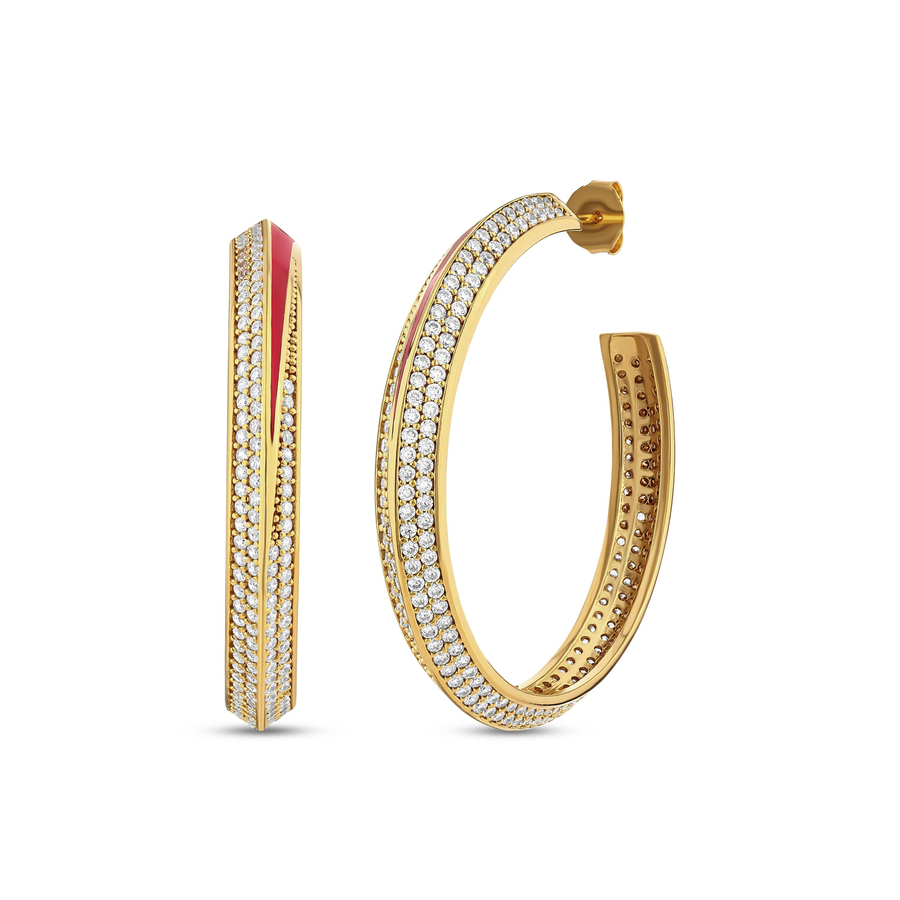 LUNAR SERENADE SMALL WHITE CRYSTAL RED ENAMEL GOLD HOOPS