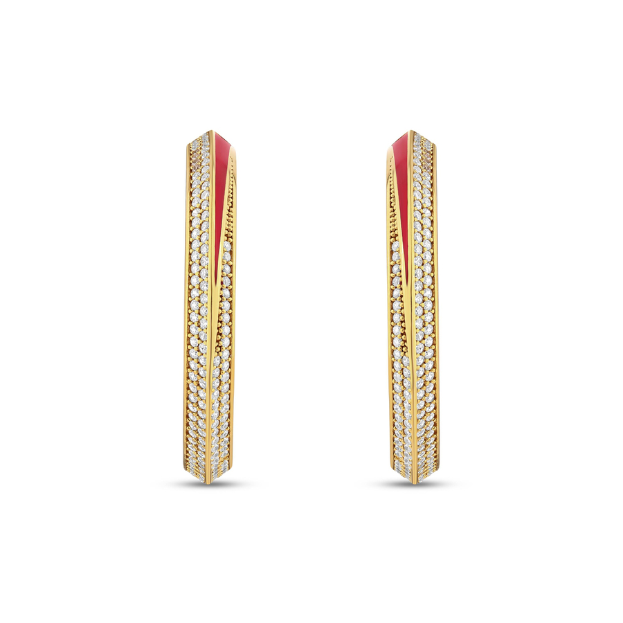 LUNAR SERENADE SMALL WHITE CRYSTAL RED ENAMEL GOLD HOOPS