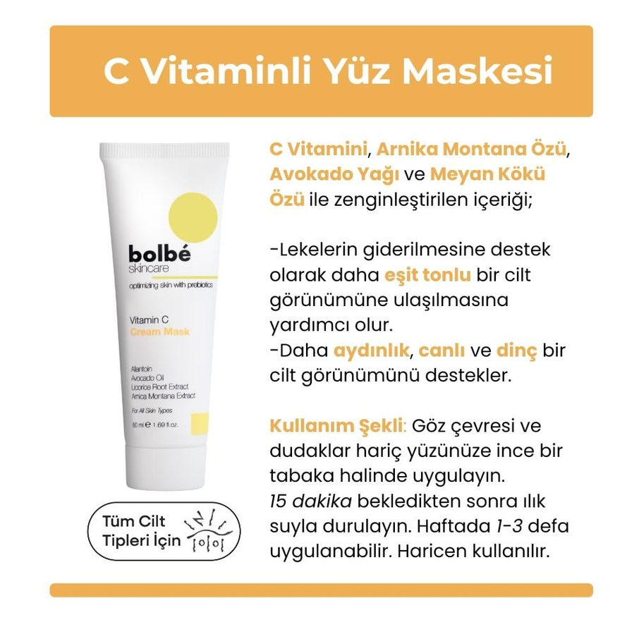 Aydınlatıcı, Cilt Tonu Eşitleyici Leke ve Kırışıklık Karşıtı %2 C Vitamini Krem Maske - 50 ml
