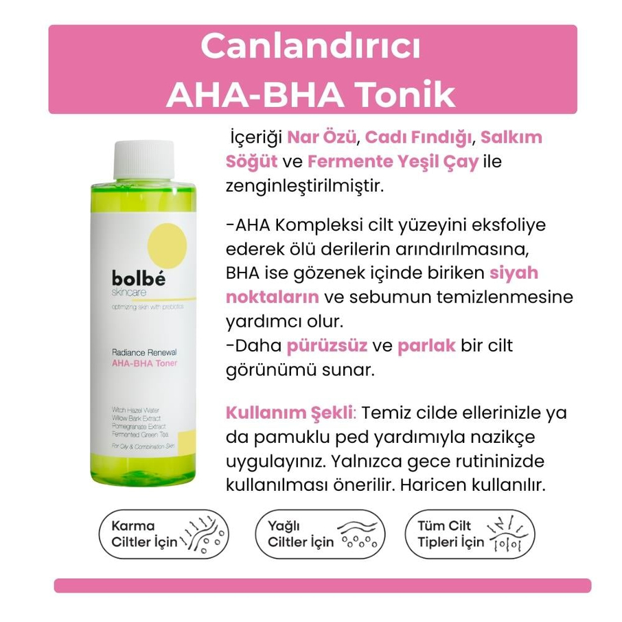 Peeling Etkili, Canlandırıcı, Cilt Tonu Eşitleyici, Gözenek Sıkılaştırıcı AHA-BHA Tonik - 200 ml