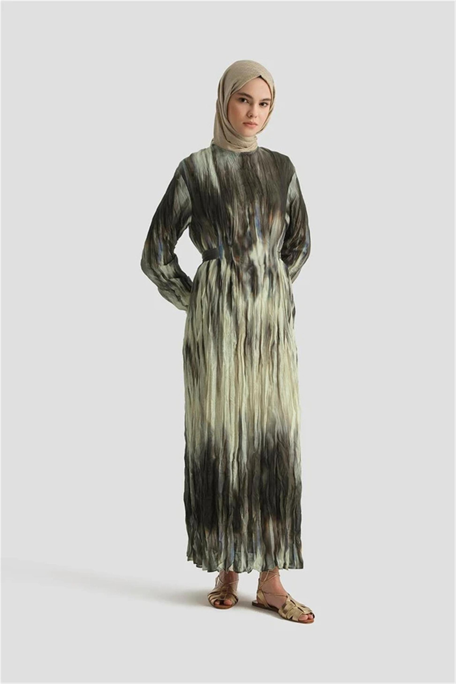  Batik Desen Kraşlı Elbise Haki