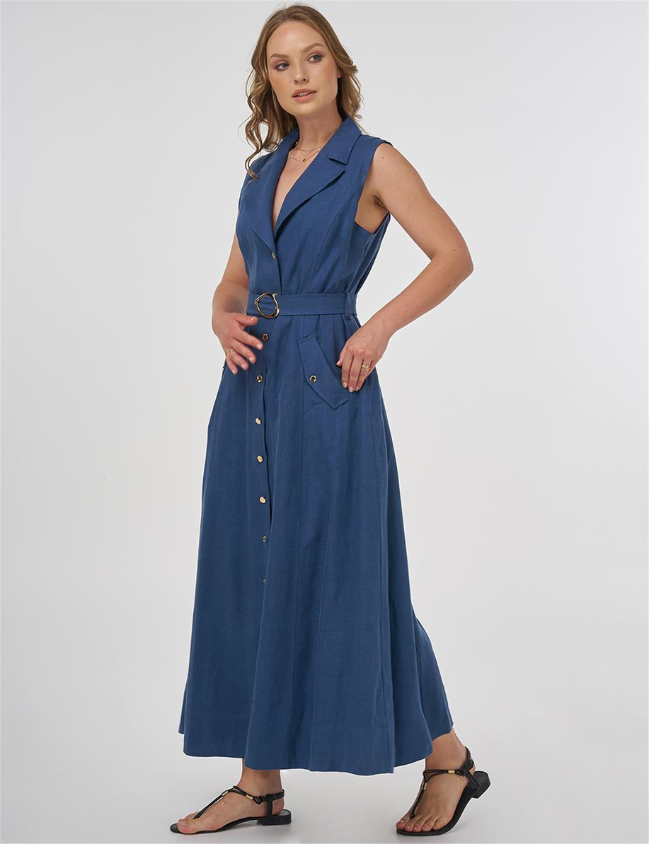 %100 Keten Elbise İndigo