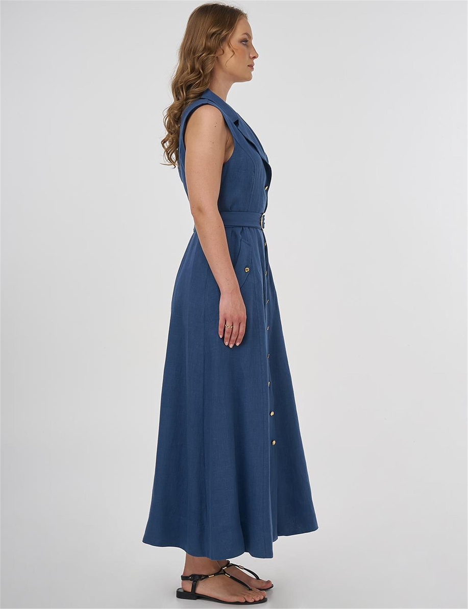 %100 Keten Elbise İndigo