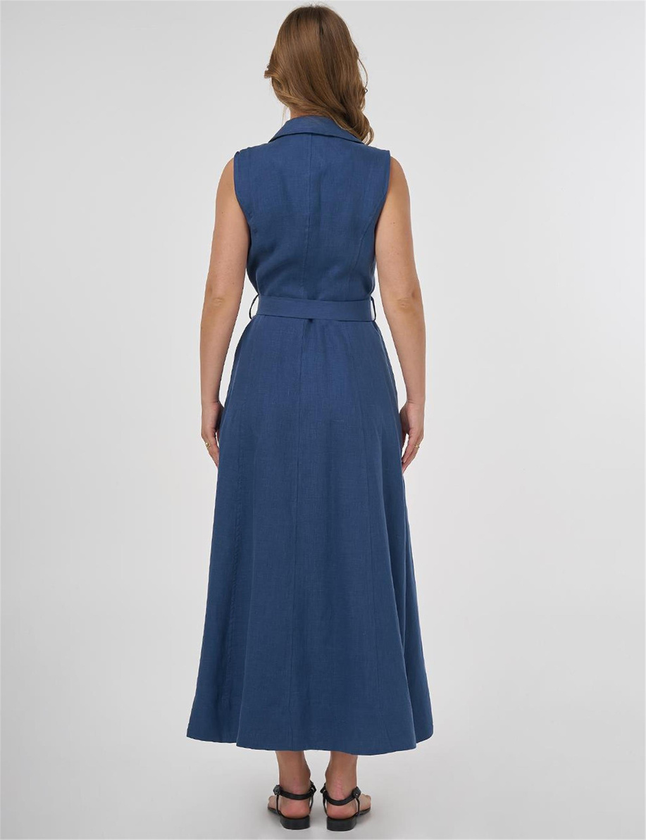%100 Keten Elbise İndigo