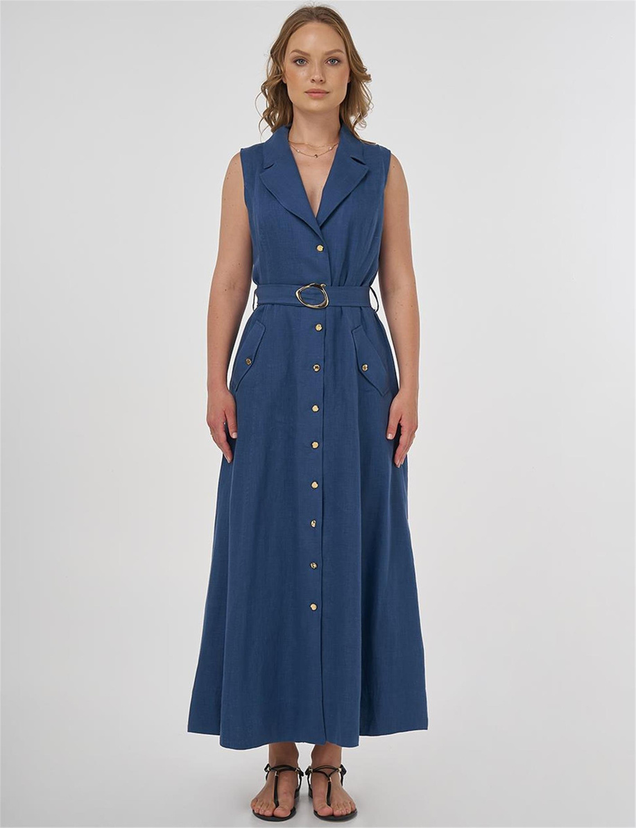 %100 Keten Elbise İndigo