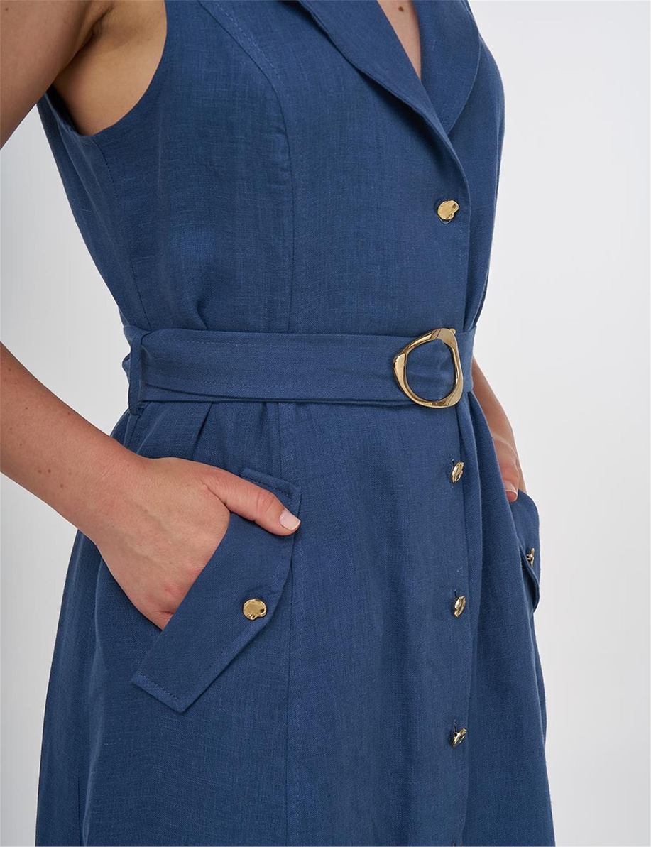 %100 Keten Elbise İndigo