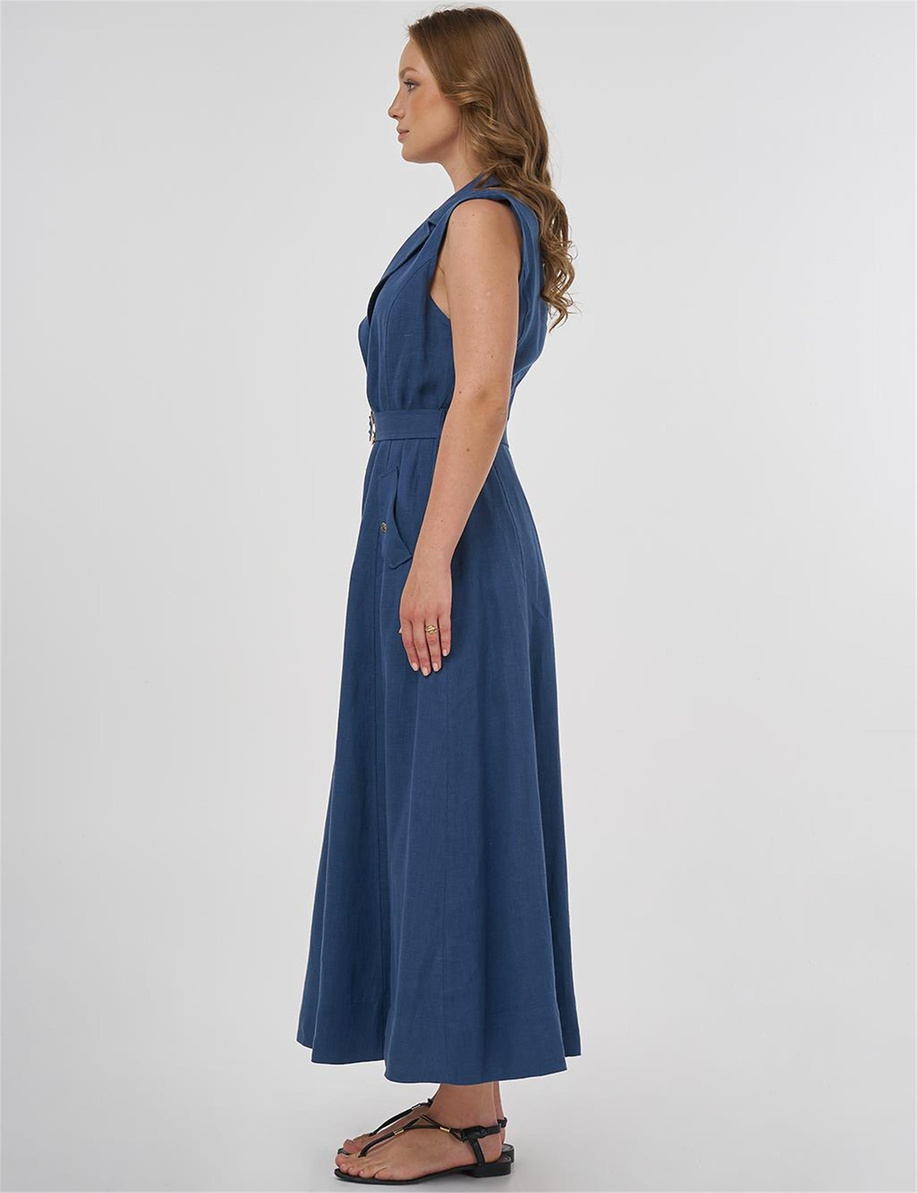 %100 Keten Elbise İndigo