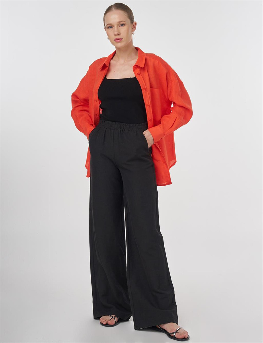 %100 Keten Gömlek Yaka Tunik Mercan