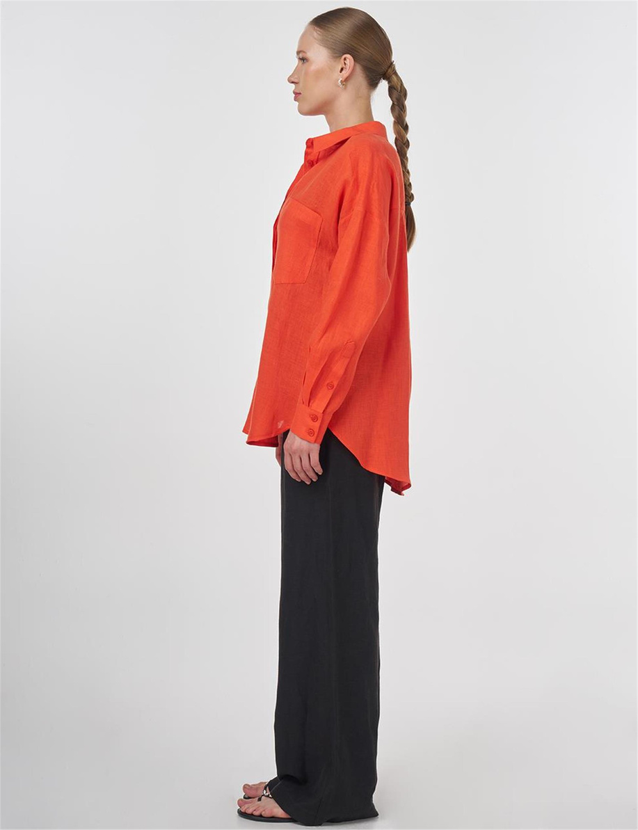 %100 Keten Gömlek Yaka Tunik Mercan