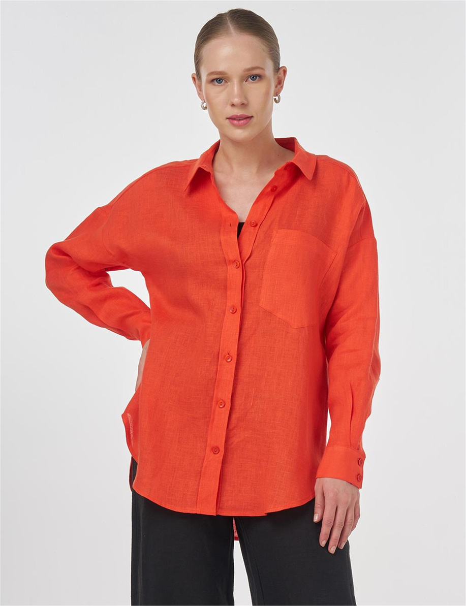 %100 Keten Gömlek Yaka Tunik Mercan