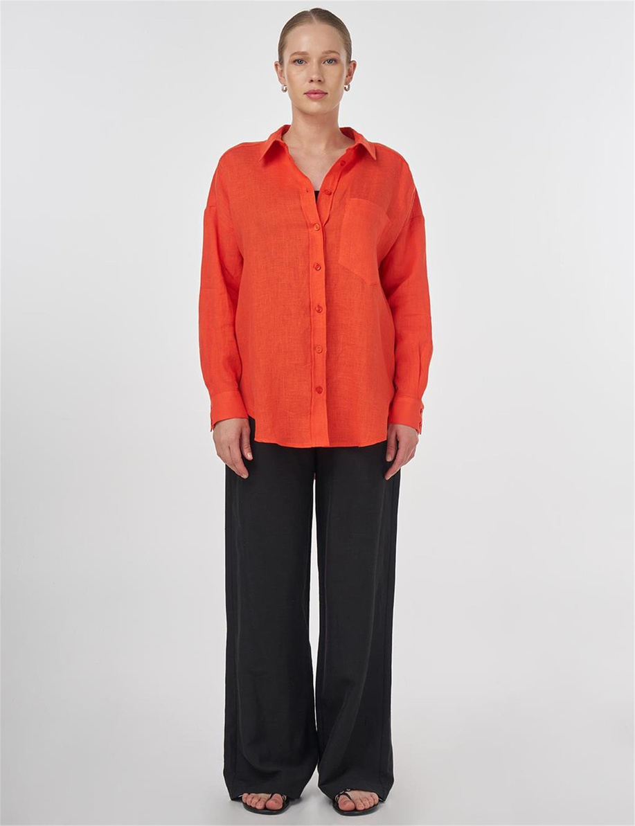 %100 Keten Gömlek Yaka Tunik Mercan