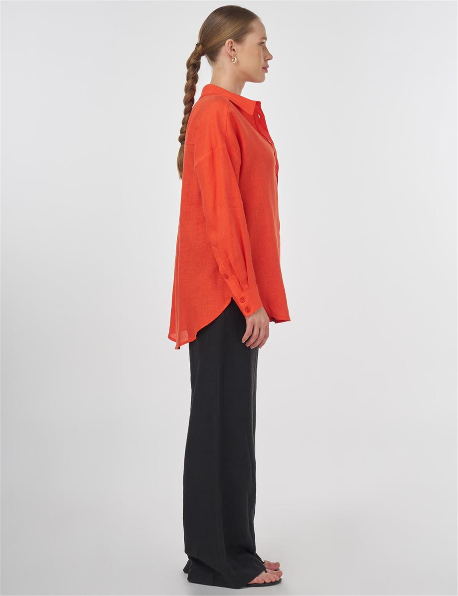 %100 Keten Gömlek Yaka Tunik Mercan