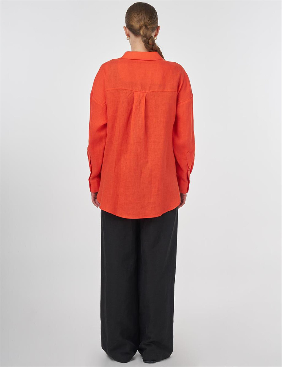 %100 Keten Gömlek Yaka Tunik Mercan