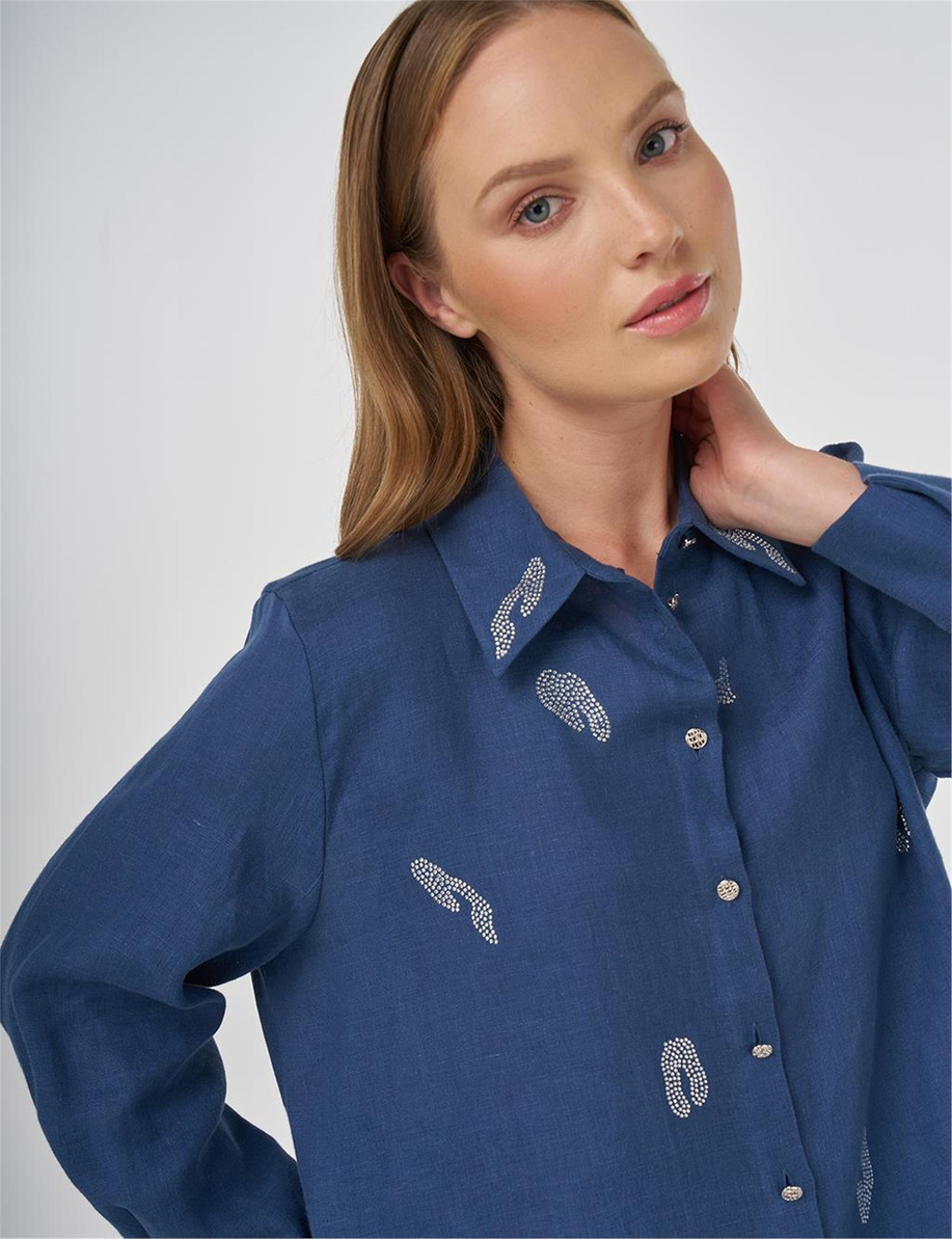 %100 Keten Hotfix Baskılı Tunik İndigo