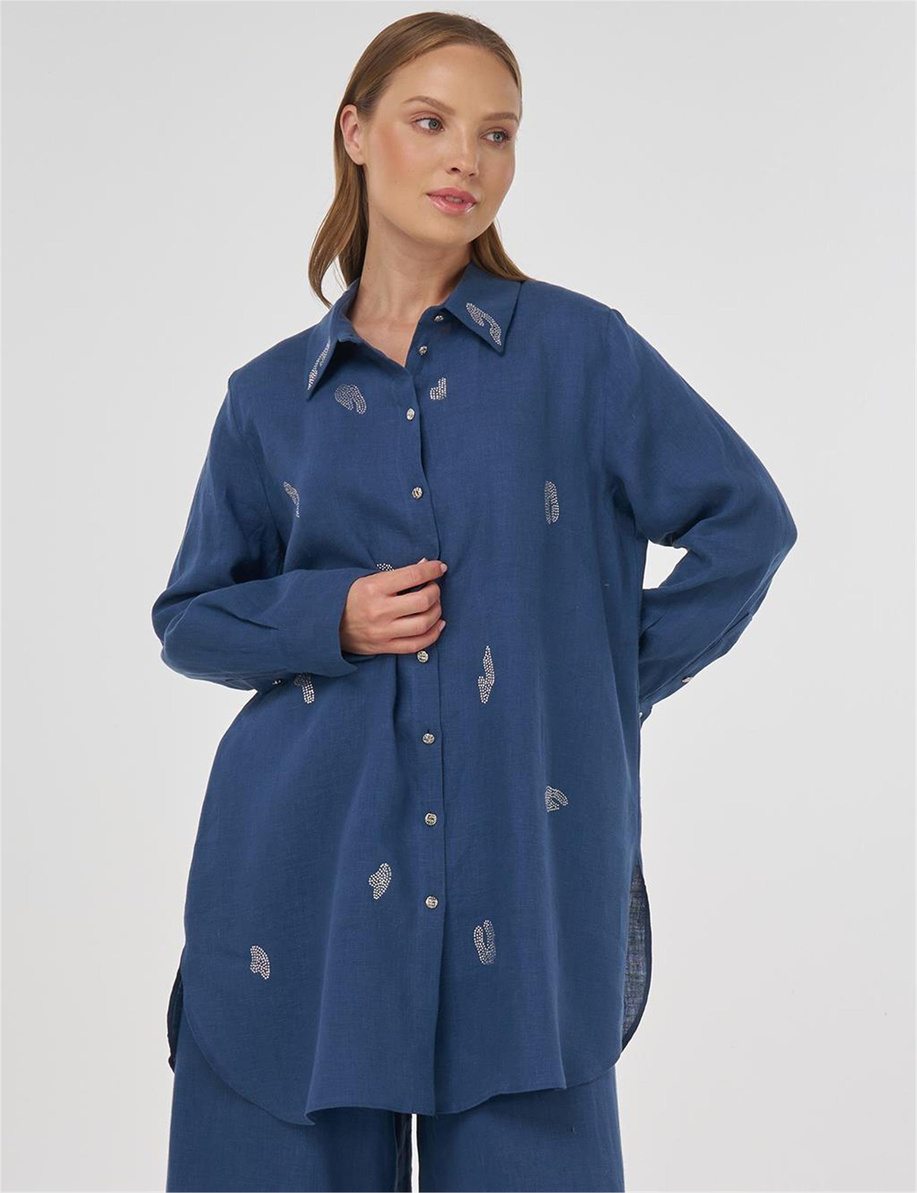 %100 Keten Hotfix Baskılı Tunik İndigo